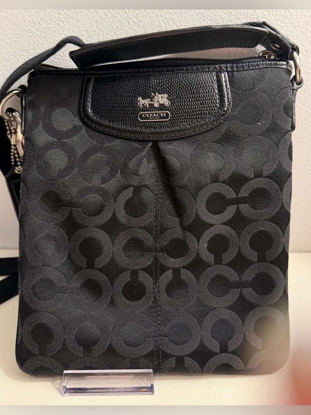 Coach Op Art crossbody black canvas with black leather trim.